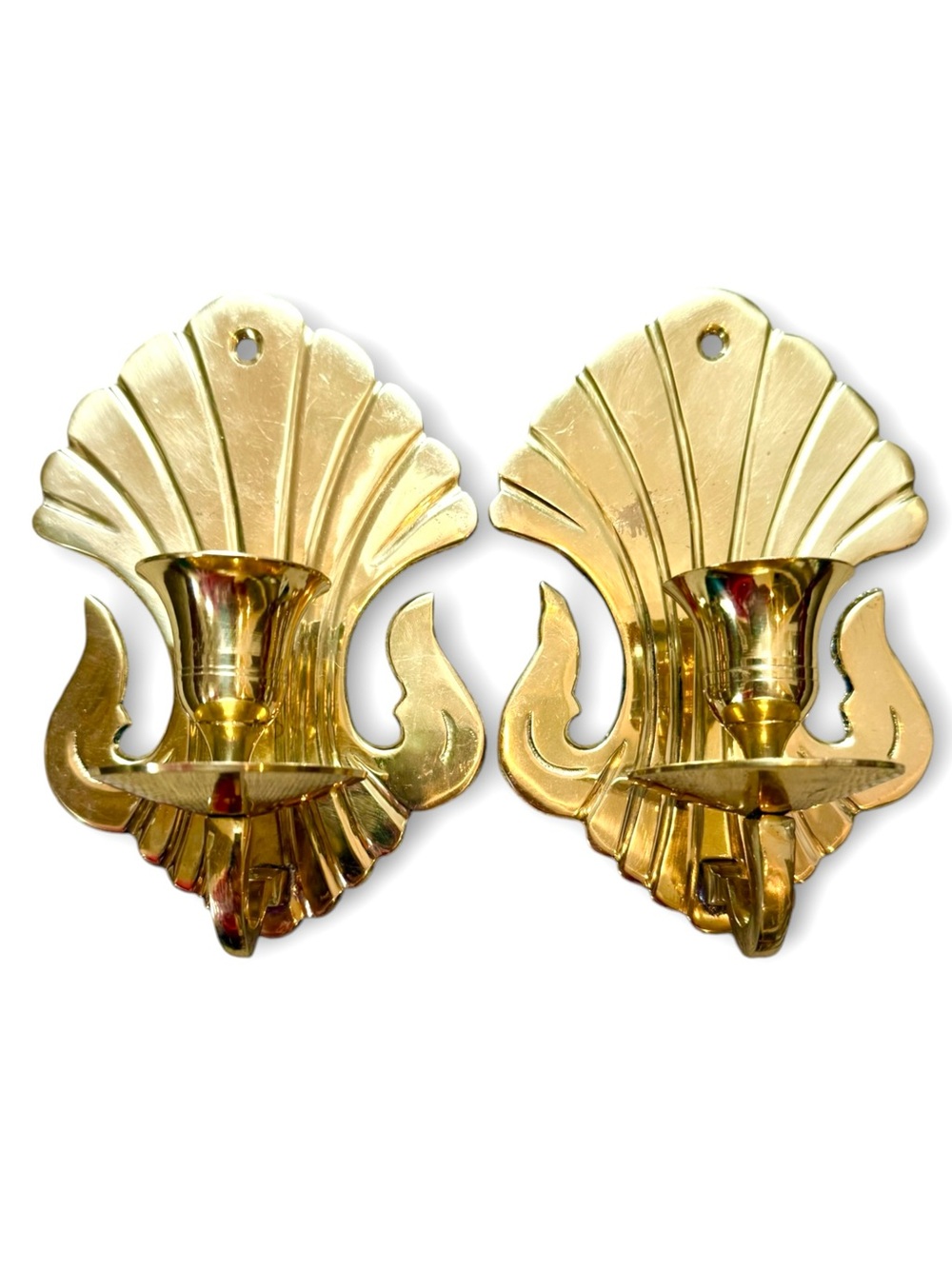 Vintage Brass Shell Wall Mount Candlestick Holders Set of 2